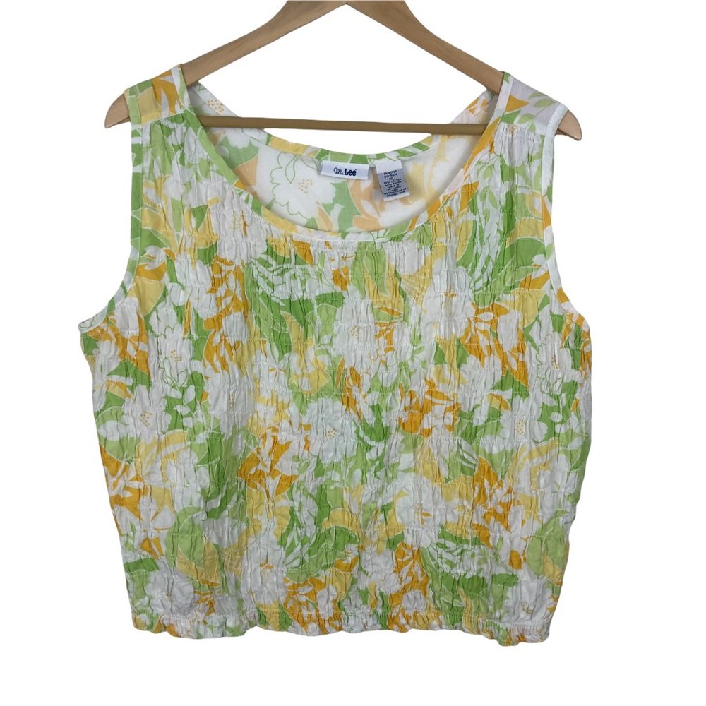 Ms. Lee Women's Smocked Crop Tank Top Size XL Floral Summer Casual Stretch White